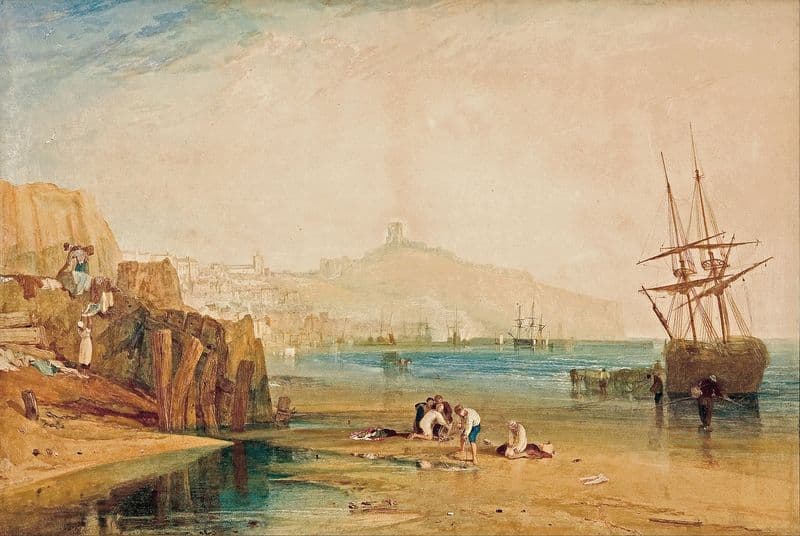 Scarborough town and castle; morning; boys catching crabs (circa 1810) as a canvas print