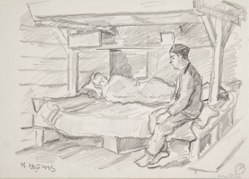 scena w wnętrzu baraku obozowego. as a canvas print