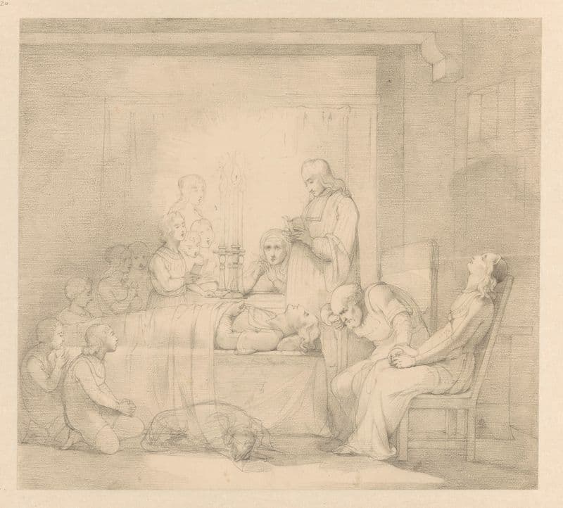 Scène uit een middeleeuws verhaal; rouwdienst bij het in het huis opgebaarde lichaam (1834 - 1882) as a canvas print
