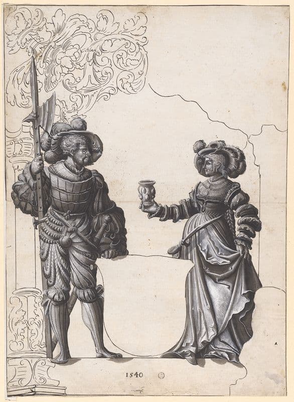 Scheibenriss mit Frau, die einem Hellebardier den Willkommtrunk reicht, und leerem Wappenschild as a canvas print