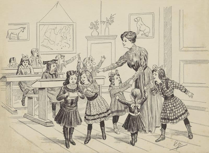 Schoolklas met meisjes en een onderwijzeres as a canvas print