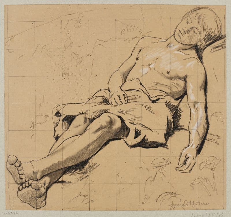 Semi-Nude Shepherd in a Leather Loincloth, Sleeping in a Meadow as a canvas print