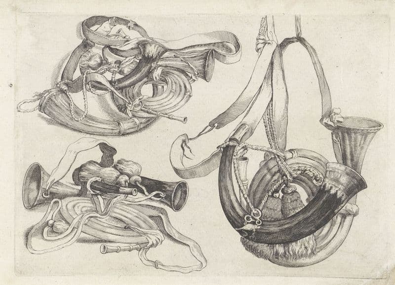 Seven hunting horns of various shapes with cords and straps attached as a canvas print