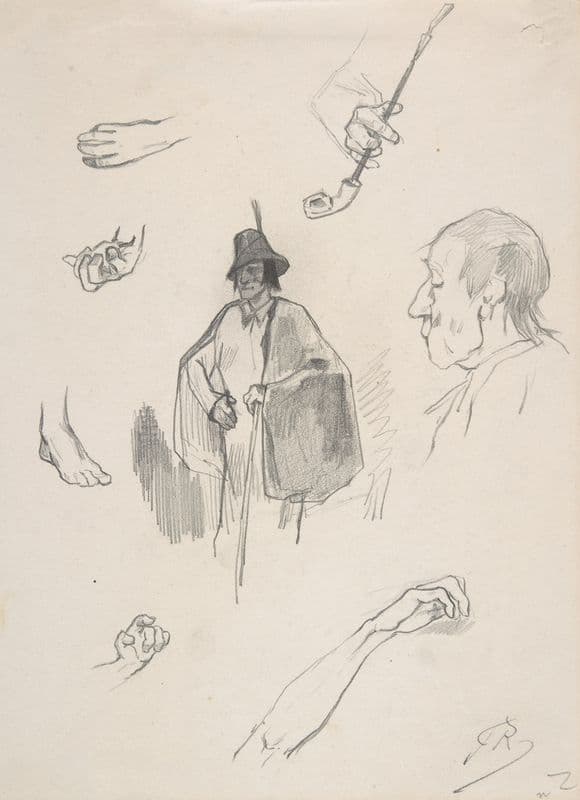 Sheet with figures, details of hands and feet (ca. 1870) as a canvas print