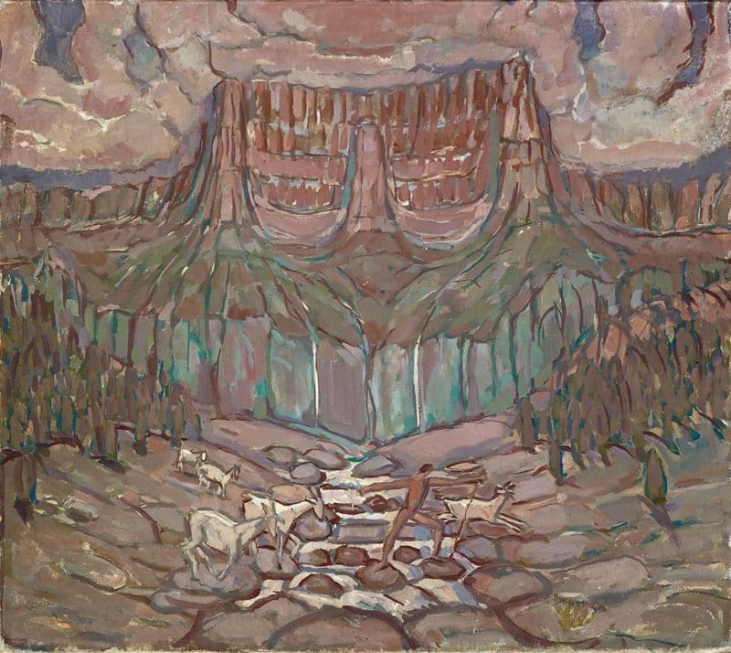 Shepherd and Flock Crossing a River in the Mountains as a canvas print