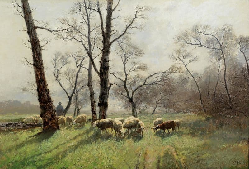 Shepherd With His Flock In The Evening Light as a canvas print