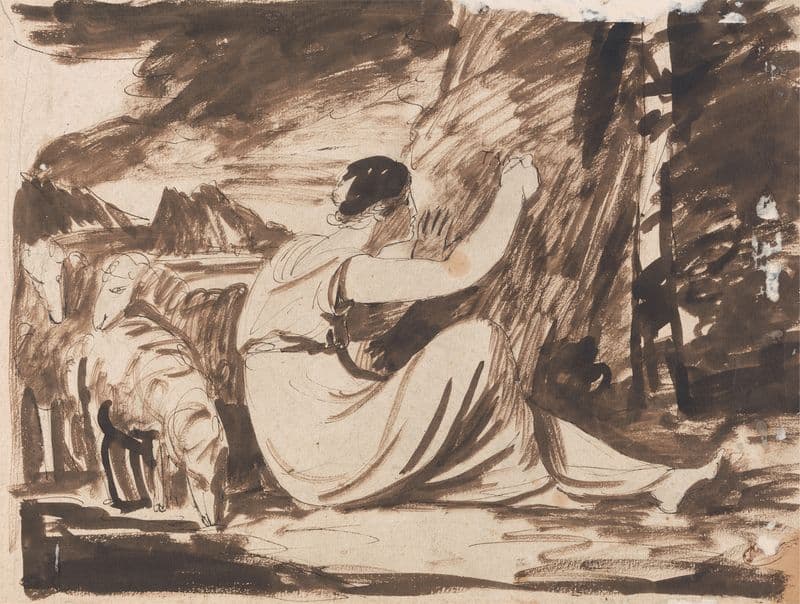Shepherdess Cutting an Inscription on a Tree as a canvas print