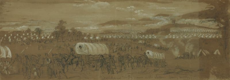 Sheridans Wagon Trains in the Valley. Early morning mist and smoke as a canvas print