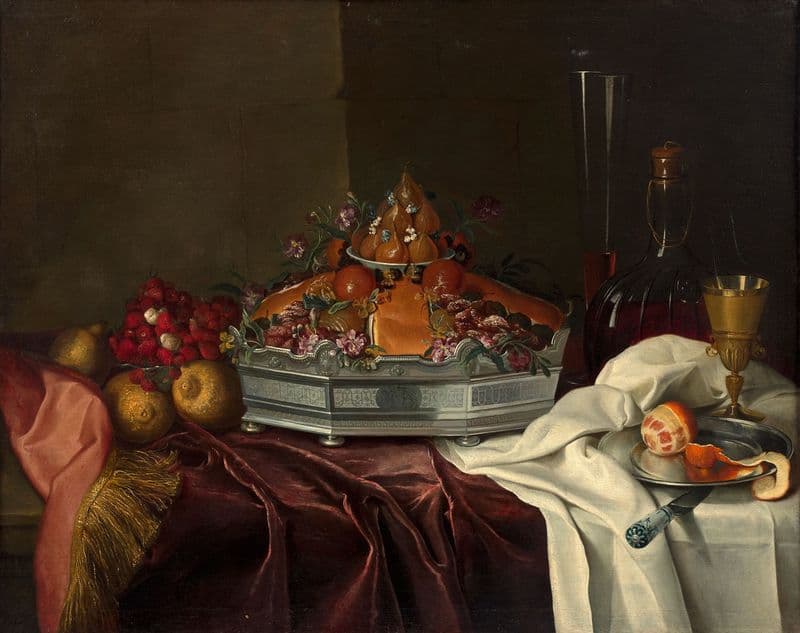 Silver epergne with candied fruits and brioche, wild strawberries and carafe on an entablure as a canvas print
