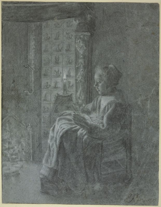 Sitzende junge Frau bei Kerzenschein mit einem Glas in der Hand as a canvas print
