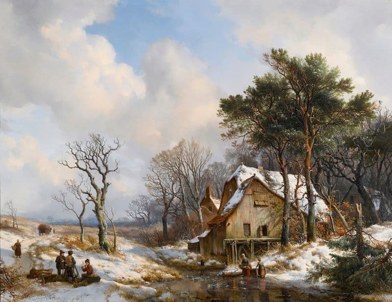 Skaters On A Frozen Stream On The Outskirts Of A Village as a canvas print