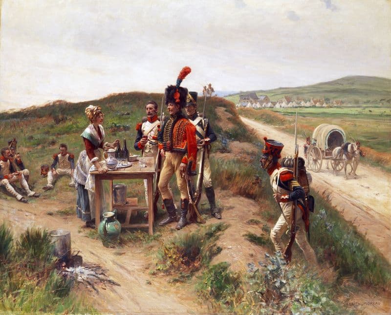 Soldiers taking a break by a female sutler as a canvas print
