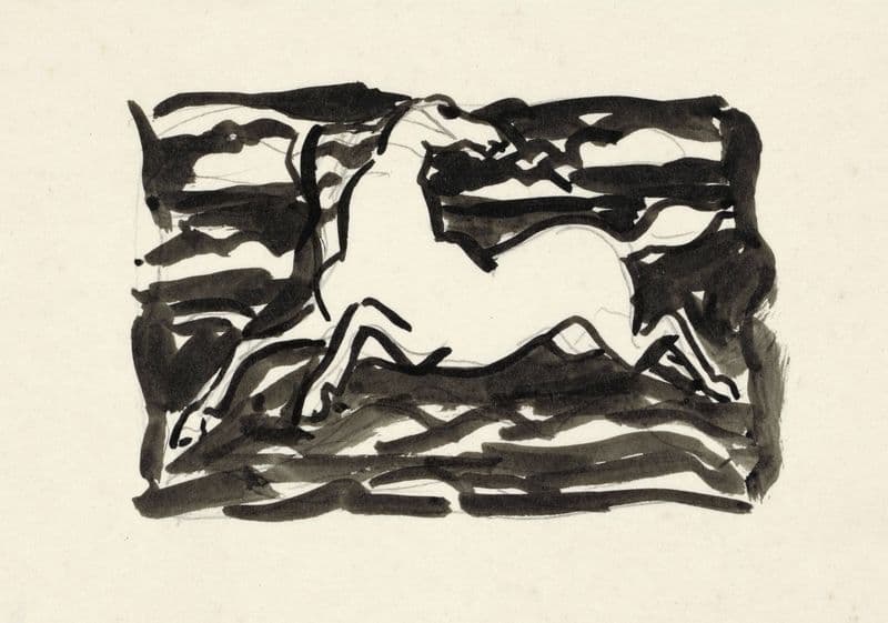 Springend paard met het hoofd naar achteren gedraaid in een kader met op de achtergrond golven. as a canvas print