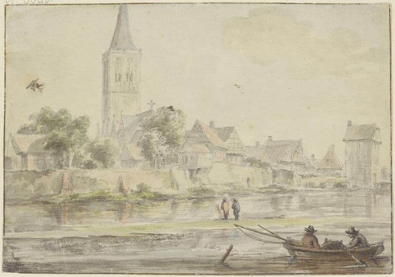 Stadt am Wasser mit Kirche, rechts ein Turm, vorne Kahn mit zwei Personen as a canvas print