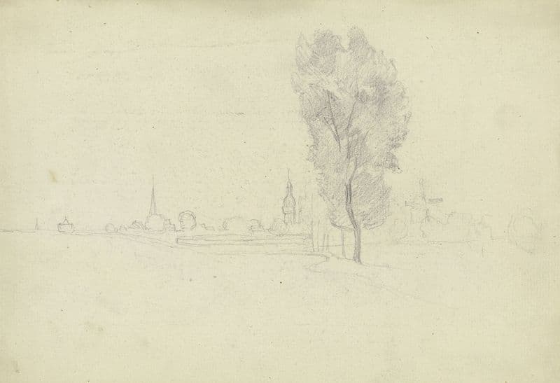 Stadt mit Windmühle und Baumreihe as a canvas print