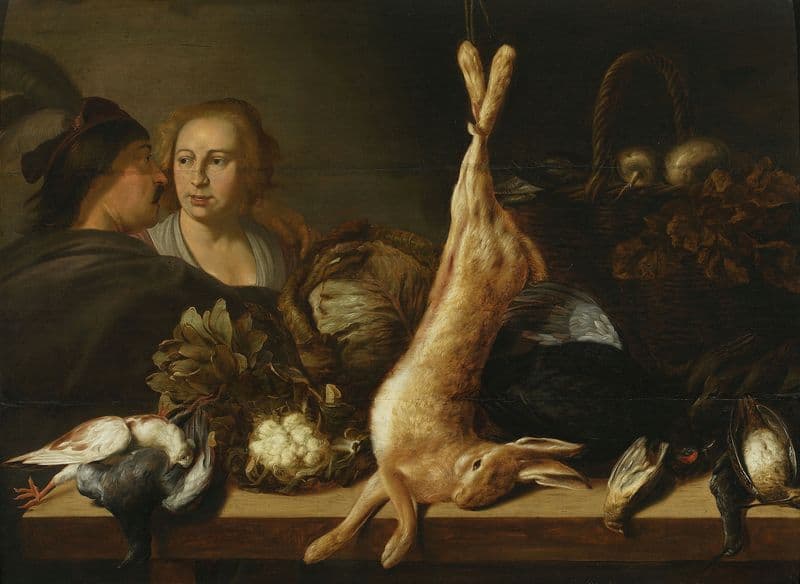 Stand with vegetables and a hare as a canvas print