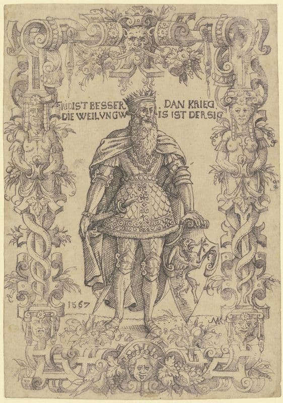 Stehender König, der sich mit der Linken auf ein Greifenwappen stützt as a canvas print