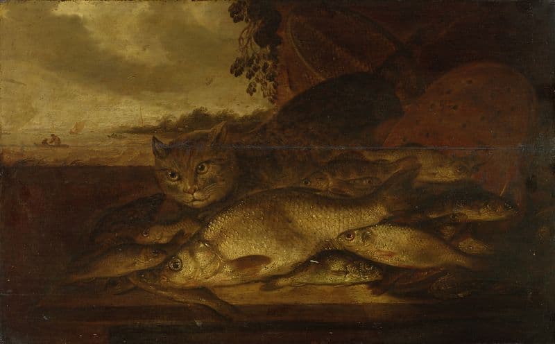 Still Life; Cat with Fish as a canvas print