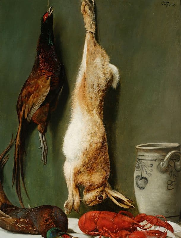 Still life; hare, pheasant, a lobster, and a jug as a canvas print