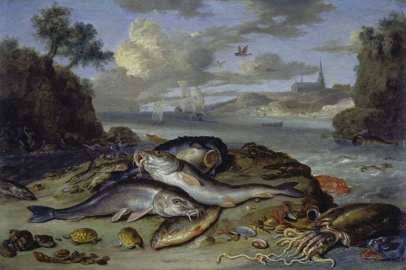 Still Life with Fish and Sea Animals in a Coastal Landscape as a canvas print