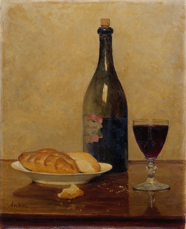 Stillleben; Alter Wein und Brot as a canvas print