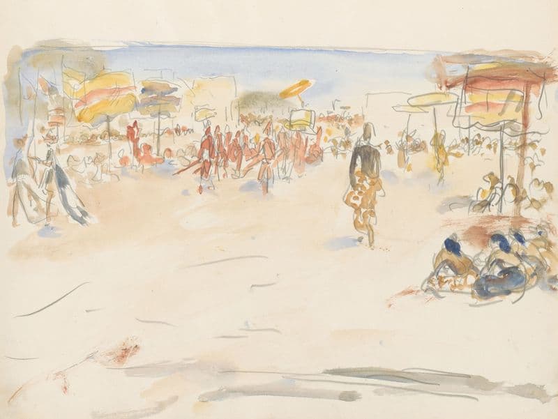 Straatscène met een optocht en figuren met parasols as a canvas print