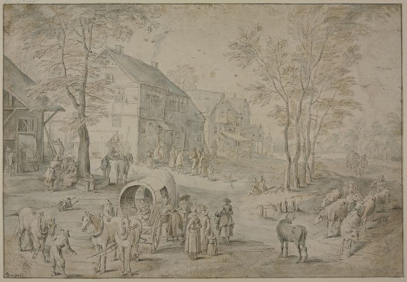 Straße in einem Dorf mit vielen Figuren as a canvas print