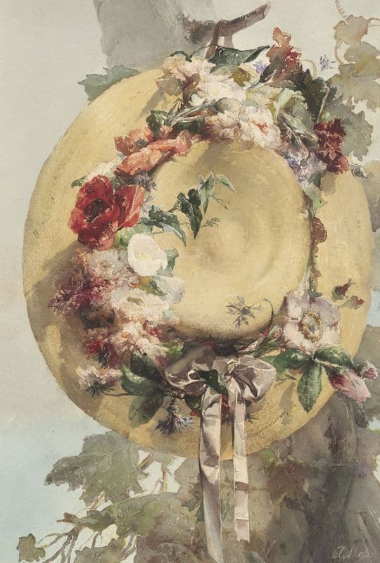 Straw Hat with Roses, Carnations, and Cornflowers as a canvas print