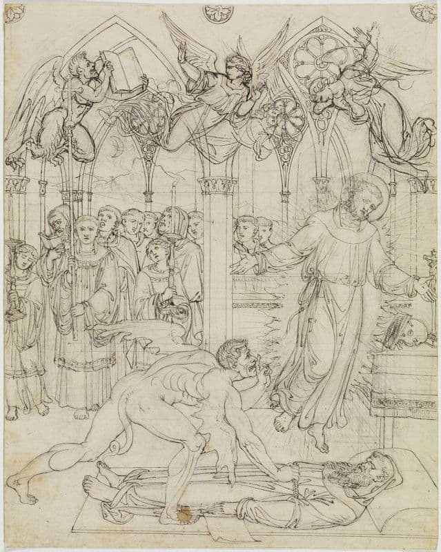 Streit des Hl. Franziskus mit dem Satan um die Seele des Mönches Guido da Montefeltro (Dante Inferno, Canto 27, V 112) as a canvas print