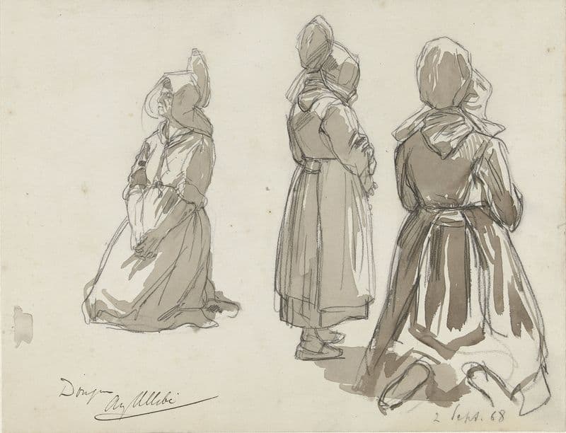 Studies van een knielende en staande boerin as a canvas print