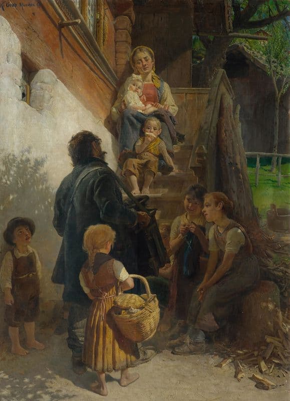 Szene im Oberhaslithal; Leierkastenspieler vor dem Haus as a canvas print