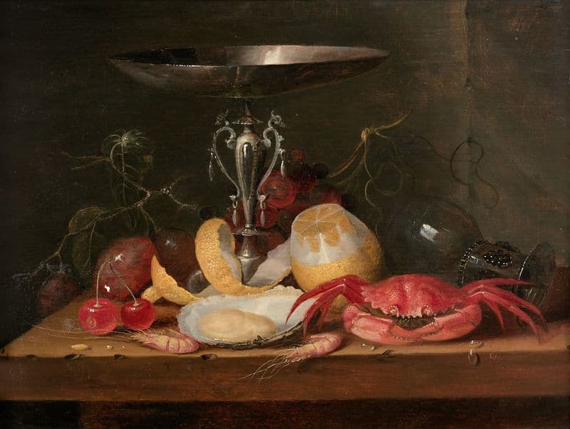 Tazza, citron et fruits de mer sur un entablement as a canvas print