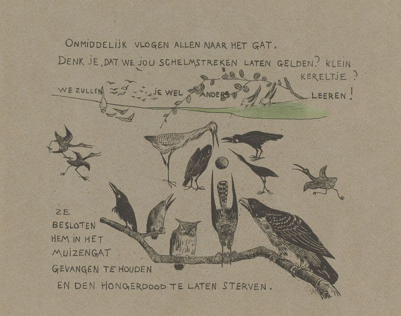 Tekstblad met diverse vogelsoorten bij het muizenhol waarin de winterkoning verdween as a canvas print
