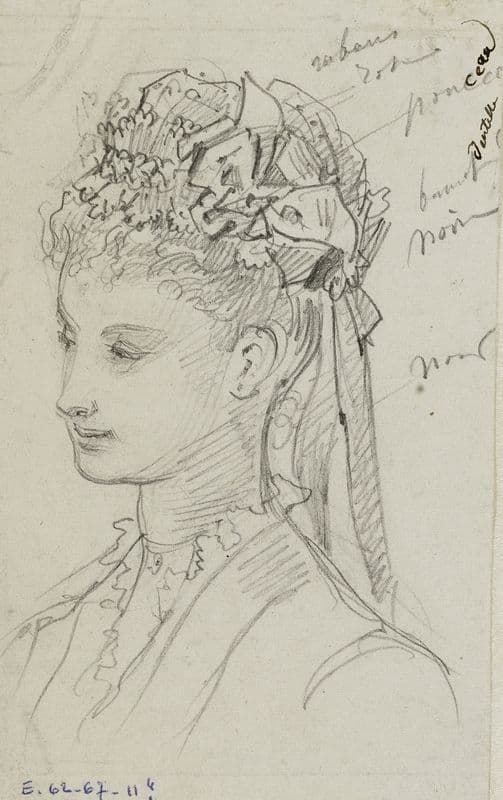 Tête féminine de trois-quarts avec coiffe de rubans et de volants as a canvas print