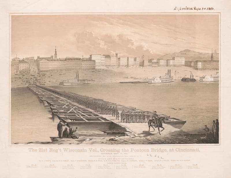 The 21st Reg’t Wisconsin Vol., crossing the pontoon bridge, at Cincinnati, Saturday, Sept. 13, 1862 as a canvas print
