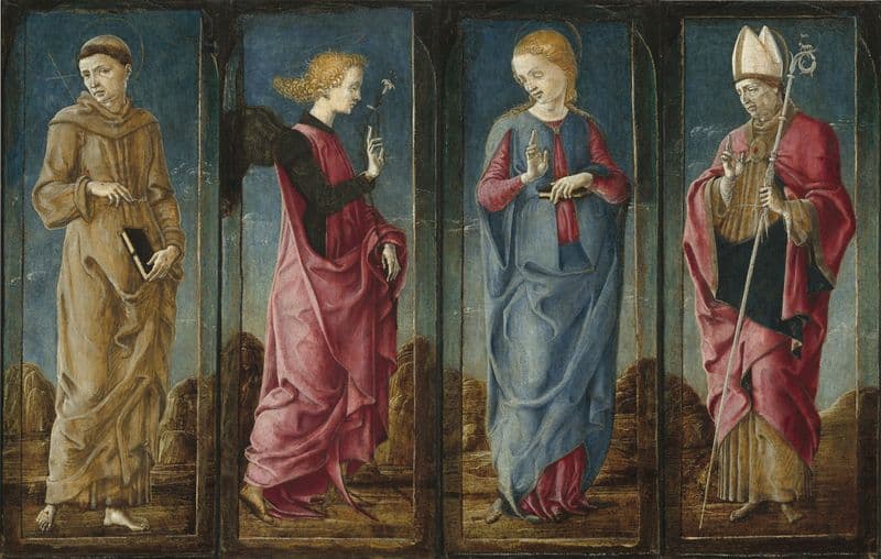 The Annunciation with Saint Francis and Saint Louis of Toulouse (four panels) (c. 1470-1480) as a canvas print