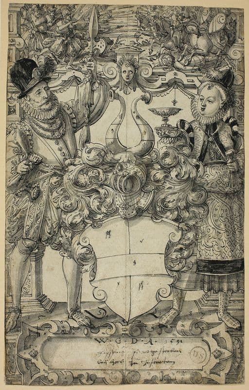 The Arms of Habsberg Flanked by an Elegant Couple as a canvas print