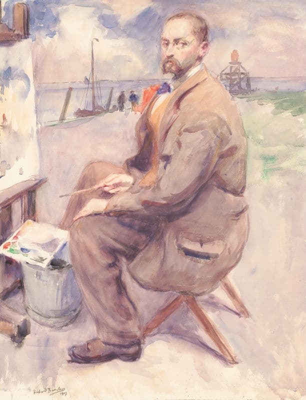 The artist painting by the sea as a canvas print