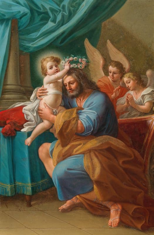The Christ Child crowning Saint Joseph with Angels behind as a canvas print