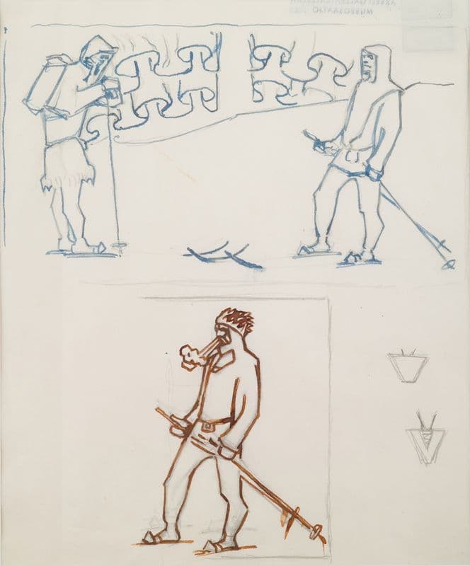 The Great Kalevala, sketch for page 1, skiers meet. as a canvas print