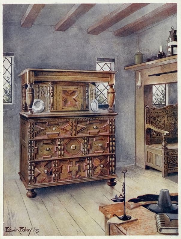 The Putnam cupboard of English oak and cedar, Carved settle of American Oak (1910 - 1911) as a canvas print