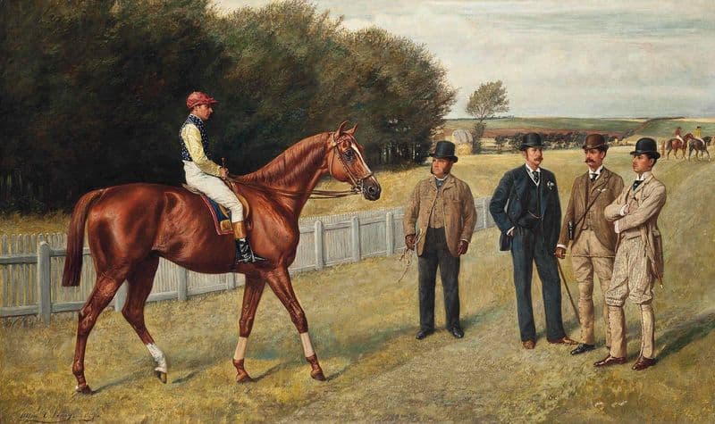 The racehorse Kingswood with C. Wood up, the trainer Sherrad and Sir G. Chetwynnd, Bart., Lord Lurgan, and Mr E.H. Benson standing nearby as a canvas print
