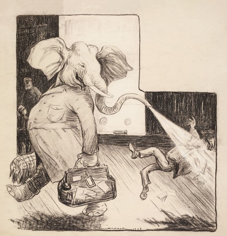The Republican Party elephant blasts a man walking behind him with water from his trunk as a canvas print