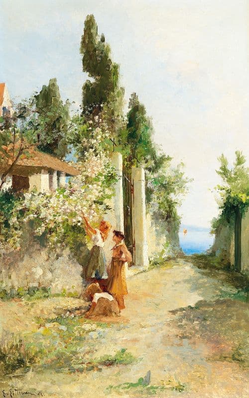 Three girls gathering roses as a canvas print