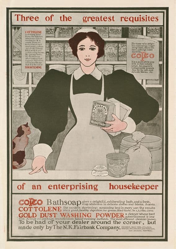 Three of the greatest requisites of an enterprising housekeeper – Copco, Cottolene, Gold Dust washing powder as a canvas print