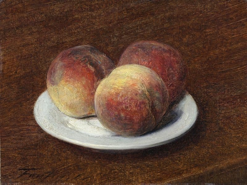 Three Peaches on a Plate as a canvas print