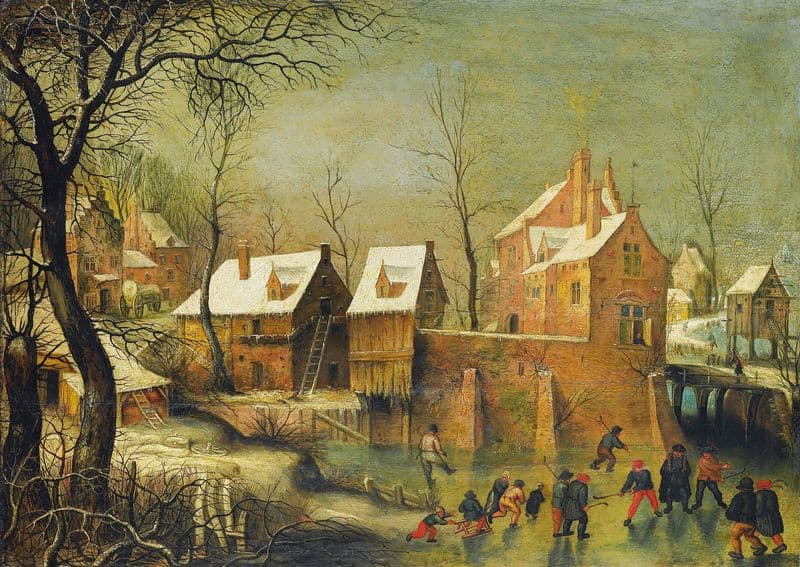 Townscape With Skaters On A Frozen River as a canvas print