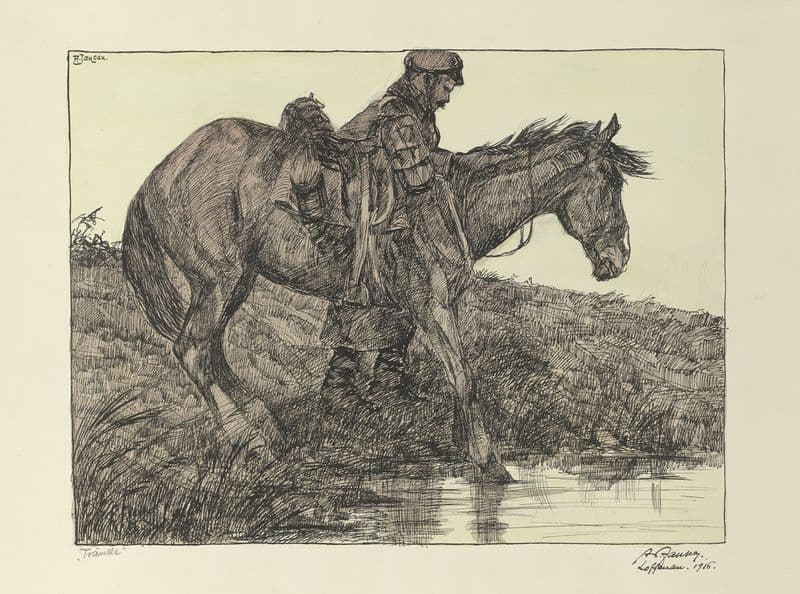 Tränke. Soldat mit Pferd am Wasser as a canvas print