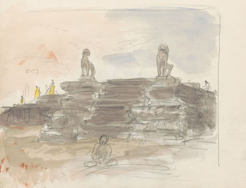 Trap geflankeerd door beelden van leeuwen bij de Angkor Wat tempel in Cambodja as a canvas print