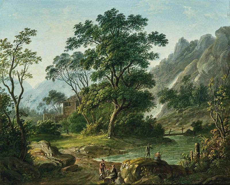 Travellers resting near a mountain lake as a canvas print